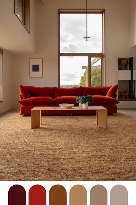 Red Colour Schemes Living Room, Red Rug Living Room Decor Modern, Brick Red Couch Living Room, Living Space Color Scheme, Red Sofa Interior Design, Red Couch Color Scheme, Red And Brown Interior, Red And Brown Living Room Ideas, Red Sofa Decorating Living Room