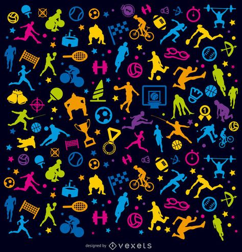 Colorful Silhouettes and sport elements done over black background. Including several sports like football, cycling, basketball, weight lifting, running, box, t Crossfit Logo, Sports Pattern, Sport Theme, Gym Setup, Vintage Flowers Wallpaper, Basketball Quotes, Theme Background, Download Background, Sports Wallpapers