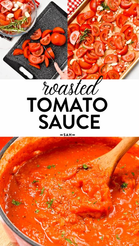 This Roasted Tomato Sauce is an easy, healthy sauce for pasta and a great way to use ripe tomatoes overgrowing in your garden. Plus, you can store and freeze this tomato sauce for months to meal prep lots of healthy family dinners. Roasted Tomato Pasta Sauce, Healthy Sauce Recipes, Healthy Sauce, Pasta Lasagna, Roasted Tomato Pasta, Sauce For Pasta, Tomatoes On Toast, Oven Roasted Tomatoes, Roasted Tomato Sauce