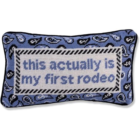 PRICES MAY VARY. Stylish Design: This novelty needlepoint pillow is an instant conversation starter and is sure to catch the attention of your guests. Our cheeky throw pillows are designed to make a statement and spark joy Lovingly Handcrafted: Handmade with premium materials, the front showcases 100% wool embroidery and the back features 100% luxe cotton velvet Ideal Size: This small pillow measures 9” X 15” and brightens up any couch, bed, or chair. Whether you're looking to elevate your livin Statement Pillow, Furbish Studio, Fun Sayings, Needlepoint Pillow, First Rodeo, Small Pillow, Detailed Embroidery, Hand Stitch, Needlepoint Pillows