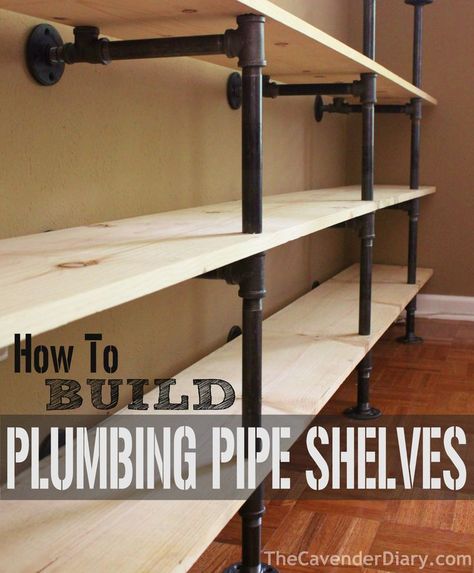 How to Build Plumbing Pipe Shelves from the Cavender Diary                                                                                                                                                                                 More Plumbing Pipe Shelves, Diy Pipe Shelves, Pantry Laundry Room, Plumbing Pipe Furniture, Garage Storage Shelves, Diy Pipe, Pipe Furniture, Pipe Shelves, Garage Shelving