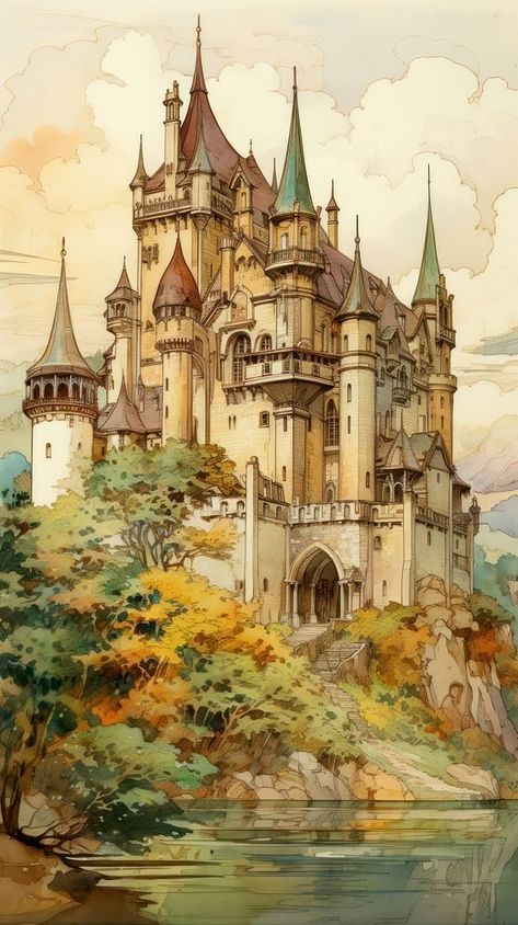 An art nouveau drawing of a castle architecture building painting. | premium image by rawpixel.com / Tanat Chittirungsan Fantasy Buildings Architecture, Art Nouveau Architecture Drawings, Art Nouveau Castle, Art Nouveau Architecture Buildings, Medieval Castle Art, Drawing Of A Castle, Fantasy Castle Art, Art Nouveau Drawing, Fairy Tale Wallpaper