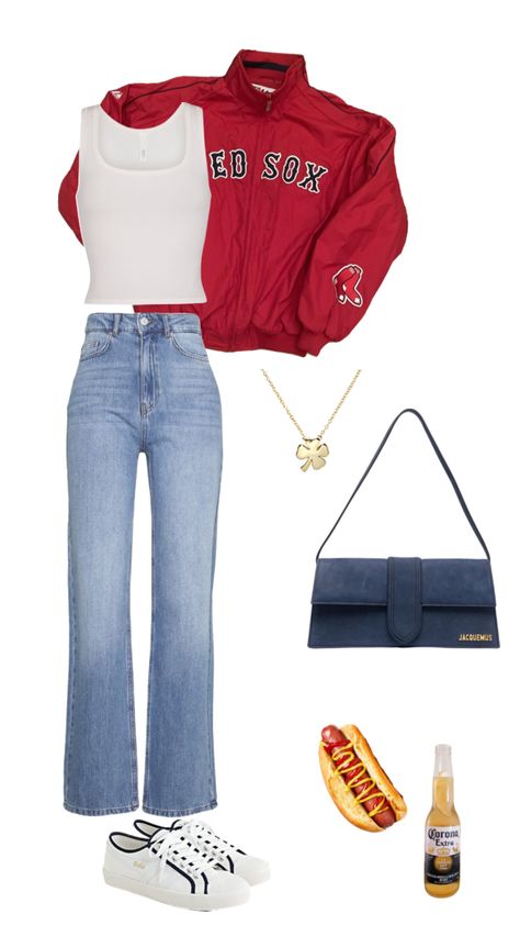 #boston #redsoxfit #summeroutfit #outfitinspo #baseballgameoutfit Boston College Game Day Outfit, Red Sox Game Outfit Women, Red Tops For Baseball Game Day, Redsox Boston Outfit, Cute Red Sox Game Outfits, Red Sox Game Outfit, Darty Outfits, Boston Red Sox Outfit Woman, Ballpark Outfit