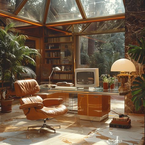 #nostalgia #nostalgiacore #midjourney #70s #70saesthetic #80s #80saesthetic #retro Retro 80s Interior Design, 70s/80s House Interior, 70s Office Interior, Interior Design Vintage Retro, Retro Home Theater, Futuristic Retro Aesthetic, 70s Office Aesthetic, 90s Office Aesthetic, 40s Interior Design