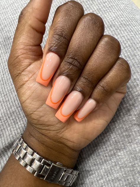 Peach French Manicure, Double Lined French Tip Nails, Double Color French Tip Nails, Lined French Tip Nails, Double Lined French Tip, Lined French Tip, Uñas Color Salmon, Peach French Tips, Double Line French Tip Nails