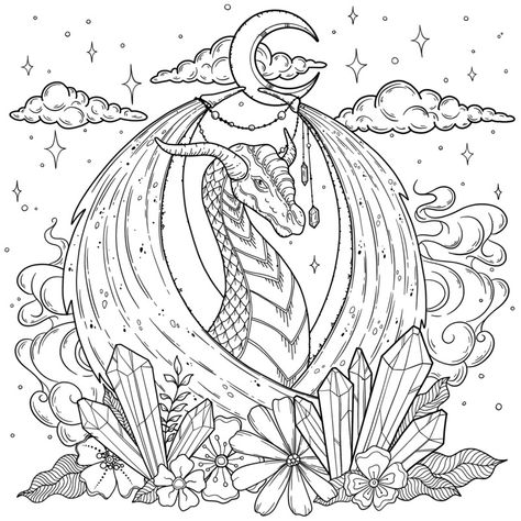 Pagan Coloring Pages, Mystical Coloring Pages, Dragon Coloring Pages Free Printable, Background Coloring Pages, Dragon Coloring Pages For Adults, Witchy Coloring Pages, Magical Coloring Pages, Paint Coloring Pages, Dragon Coloring Pages