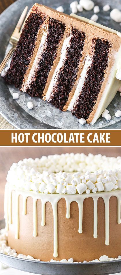 This Hot Chocolate Cake is a moist chocolate cake, hot chocolate buttercream frosting and marshmallow filling! Hot Chocolate Cake, Tårta Design, Perfect Chocolate Cake, Layer Cake Recipes, Chocolate Buttercream Frosting, Chocolate Layer Cake, Easy Cheesecake Recipes, Gingerbread Cake, Moist Chocolate Cake