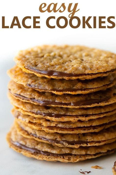 Lace Cookies! A simple recipe for crispy, buttery oatmeal lace cookies that everyone will love! Layer them with some dark chocolate for extra decadence. Naturally gluten-free! #lacecookies #oatmeallacecookies #glutenfreecookies #glutenfreeoatmealcookies Lace Cookies Recipe, Oatmeal Lace Cookies, Blackberry Muffins, Gluten Free Oatmeal Cookies, Lace Cookies, Cookies With Chocolate, Gluten Free Cookies, Simple Recipe, Vegetarian Chocolate