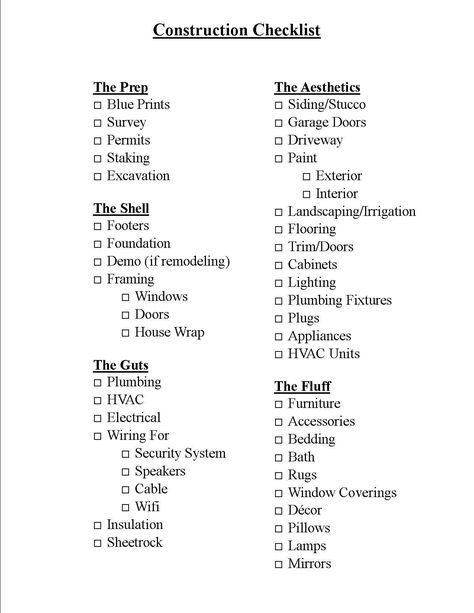 Construction Checklist Renovating A House Checklist, Building New House Checklist, House Planning Checklist, Construction Checklist House, Dream Home Building Checklist, Tiny House Checklist, Self Contracting House, List For Building A New House, New House Checklist Building