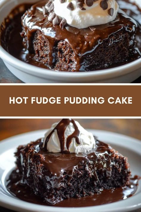 HOT FUDGE PUDDING CAKE Pudding Brownies Recipes, Baked Puddings Recipes, Cake Pudding Recipe Desserts, Desserts Made With Pudding, What To Do With Chocolate Pudding, Hot Fudge Cake From Box Cake, Cook And Serve Pudding Recipes, Chocolate Jello Pudding Recipes, Choc Pudding Cake