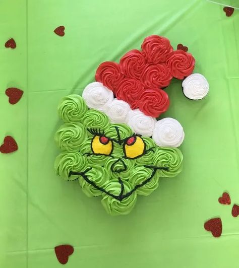 The Grinch Cupcake Cake, Grinch Birthday Party Cupcakes, Grinch Theme Birthday Cake, Grinch Birthday Cupcakes, Grinch Themed Cake, Grinch Themed 1st Birthday Party, Grinch Pull Apart Cupcakes, Easy Grinch Cake, Grinch First Birthday Cake