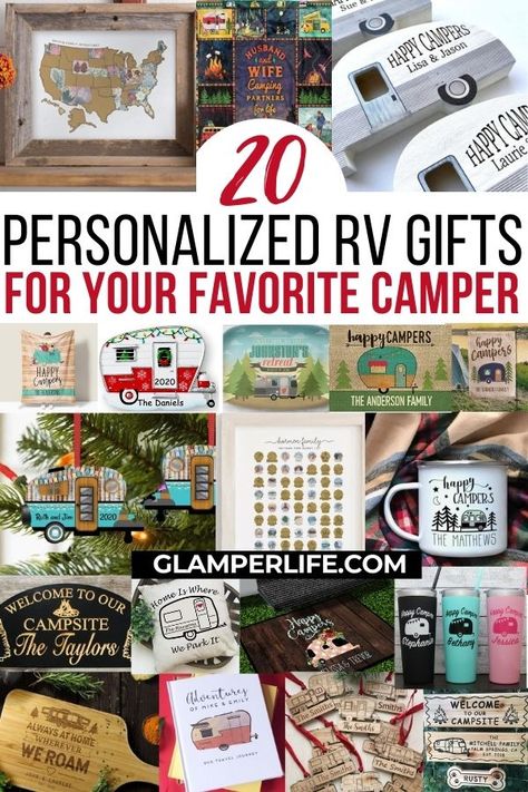 Looking for a fun gift idea for your friends who love their RV? Maybe you don't know what they need for their camper or perhaps they already have everything when it comes to supplies. Personalized RV gifts are always a unique and thoughtful gift and in this blog post, we rounded up 20 neat ideas for gifting. All of these items can be personalized with names, etc! #giftguide #christmas #rv #camping #glamperlife Camping Baskets Gift Ideas, Homemade Camping Gifts, Personalized Camping Gifts, Rv Cricut Ideas, Camper Gift Basket Ideas, Rv Gift Basket Ideas, Diy Camping Gifts Ideas, Cricut Camping Ideas, Crafts For Campers