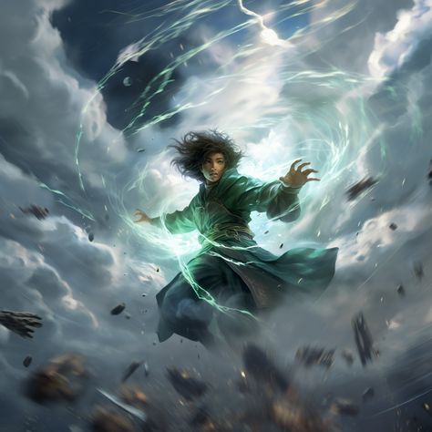 Wind God Fantasy Art, Wind Mage Art, Wind User Character Design, Air Magic Fantasy Art, Fantasy Wind Magic, Storm Mage Fantasy Art, Wind Mage Fantasy Art, Wind Control Magic, Wind Magic Fantasy Art