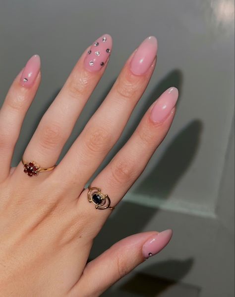 Pink nails, sparkling nails, strass on nails, shiny, nude nails, pink nails with glitter, red ring, blue ring, sapphire, ruby, winter nails Nails With Strass Sparkle, Nails With Strass, Nude Nails Pink, Nails Strass, Pink Nails With Glitter, Sparkling Nails, Nails Sparkling, Nails With Glitter, Red Ring