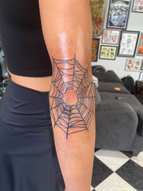 Spider Web Around Elbow Tattoo, Spider Web Tattoos On Elbow, On The Elbow Tattoo, Spider Web Tattoo Shaded, Skeleton Elbow Tattoo, Spider Webb On Elbow Tattoo, Knee Cap Spider Web Tattoo, Spider Web Tattoo On Knee, Elbow Tattoo For Woman