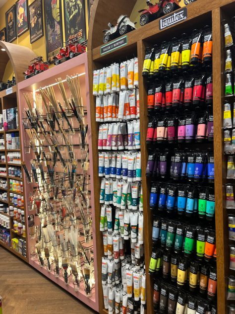 Arts And Crafts Store Aesthetic, Aesthetic Art Materials, Art Supply Store Interior, Art Supply Store Aesthetic, Painting Supplies Aesthetic, Art Store Aesthetic, Stationery Store Design, Art Stores, Paint Workshop