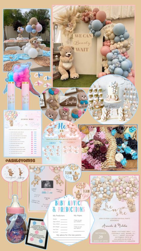 Gender reveal theme centered around teddy bear and a neutral/muted color palette. Includes ideas on decor, food, games, invitations, and method of reveal. Can Bearly Wait Gender Reveal, Bearly Wait Gender Reveal, Gender Reveal Theme, Bear Gender Reveal, Gender Reveal Baby Shower Themes, Food Games, Gender Reveal Party Theme, Gender Reveal Themes, Teddy Bear Theme