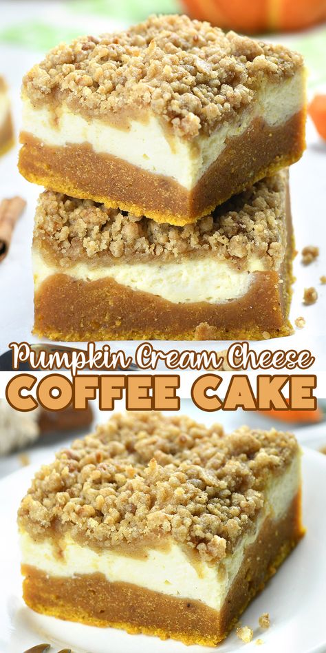 Pumpkin Cream Cheese Coffee Cake is quick and easy fall dessert recipe. It has three delicious layer: moist and flavorful pumpkin cake, creamy and smooth cheesecake layer and irresistible, crunchy, brown sugar cinnamon streusel topping finished with sweet, vanilla icing. via @https://www.pinterest.com/omgchocodessets/ Pumpkin Crumble Coffee Cake, Deserts With Cream Cheese Icing, Pumpkin Cream Cheese Coffee Cake Recipes, Pumpkin Cake With Cream Cheese Frosting, Pumpkin And Cream Cheese, Smooth Cheesecake, Cinnamon Streusel Topping, Cheese Coffee Cake, Fall Dessert Recipes Easy