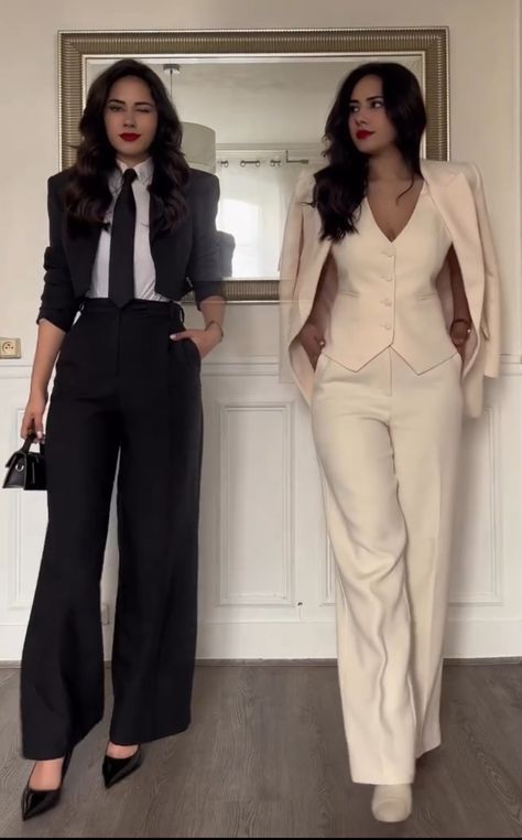 Profession Outfits For Women, Zara Women Suit, Blazer Suit Women Classy, Pant Suit Ideas For Women, Womens Suit With Tie, Black Pant White Shirt Women, Cropped Suit Jacket Women, White Shirt Black Tie Women, Cream Blazer Outfits For Women Classy