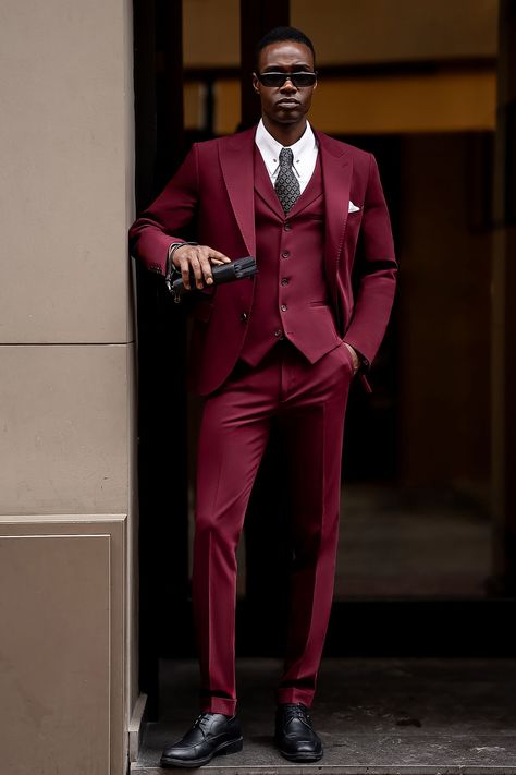 Your special occasion deserves Bordeaux. This three-piece suit embraces the richness of the moment, with its deep hue and tailored fit bringing you center stage. Command every gathering with a suit that exudes charisma.  #specialoccasionstyle #bordeauxsuit #celebrationlook #timelesselegance #galaattire #slimfitsuit #luxurysuit #formalevent #boldfashion #eveningwear Bordeaux Suit Men, Wine Color Suits For Men, Bordeaux Outfit, Men Attire, Modern Fit Suit, Suit Styles, Suit Stores, Burgundy Tuxedo, Vest And Pants