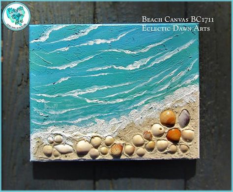 Your personal beach, textured ocean ©Dawn Ventimiglia of EclecticDawnArts, available on etsy. Real sand, real shells! #handpainted #beachdecor #beachhouse #sealife #shells #homedecor #beachpainting #canvasart #oceanart #waves #toesinthesand #EclecticDawnArts Painting With Sand, Acrylic Seashell Paintings, How To Paint Seashells With Acrylic Paint, Shells On Beach Painting, Seashells On Canvas Shell Art, Canvas With Shells Wall Art, Beach Canvas Paintings, Decor Marin, Beach Themed Crafts