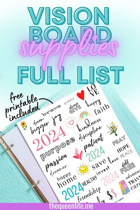 Get the full list of vision board supplies to help you get organized as you create your vision board for 2024. #VisionBoard #DreamBoard #DreamBoardIdeas #visionboardideas Vision Board Words Free Printable, Simple Vision Board, Vision Board Materials, Beautiful Vision Boards, Vision Board Supplies, Free Vision Board, Vision Board Words, Vision Board Printables, Vision Board Quotes