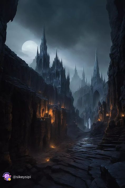 Gothic Cityscape: Nighttime Wonder Discover the haunting beauty of this gothic cityscape. With its towering spires and shadowy streets, this image captures the essence of a medieval fantasy world. Ideal for inspiration in gothic art and dark fantasy storytelling. Dive into the depths of this mysterious city! #GothicCity #MedievalFantasy #NightScape Dark Fantasy Book Aesthetic, Dark Fantasy Inspiration, Dark Fantasy Setting, Dark Fantasy World Aesthetic, Dark Urban Fantasy Aesthetic, Dark Fantasy Places, Gothic Fantasy Aesthetic, Dark Kingdom Fantasy Art, Dark Fantasy City