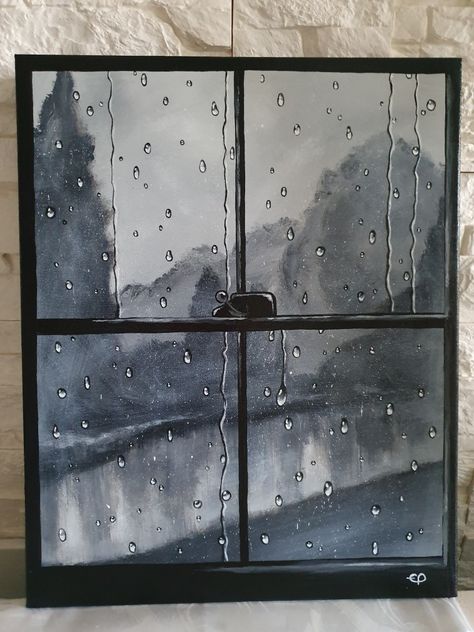 Rainy Art Painting, Raindrops On Window Drawing, Raining Window Drawing, Rainy Art Drawings, How To Paint Rain On Window, Rain Droplets On Window, Rain On Window Drawing, How To Draw Rain On A Window, Rain Drawing Sketches Rainy Days