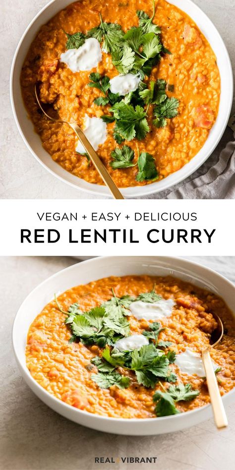 Curry Vegetarian, Red Lentil Recipes, Red Lentil Curry, Lentil Curry Recipes, Alpha Gal, Pantry Meals, Meatless Dishes, Vegan Curry Recipes, Resep Smoothie