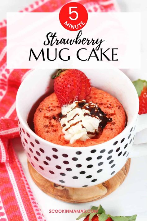 This flavorful Microwave Strawberry Mug Cake is a quick and easy dessert that takes about 5 minutes. Grab a mug, whisk strawberry cake mix with 3 simple ingredients, then microwave. Top your dessert in a mug with chocolate ganache or your favorite toppings and dive in! #mugcake #strawberrymugcake #chocolateganache #strawberrymugcakerecipe #veganmugcake #glutenfreemugcake #ValentinesDaydessert via @2CookinMamas Strawberry Mug Cake, Mugcake Recipe, Doctored Cake Mix Recipes, Gluten Free Mug Cake, Vegan Mug Cakes, Dessert In A Mug, Strawberry Mug, Delicious Strawberry Cake, Cake With Whipped Cream