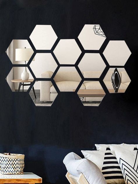 Hexagon Mirror Sticker Ideas, Hexagon Mirror Wall Decor Living Room, Plain Wall Decor Ideas Bedroom, Hexagon Mirror Wall Decor Ideas, Mirror Sticker Wall Decor, Hexagon Mirror Wall Decor, Mirror Wall Decor Bedroom, Wall Decora, Baddie Apartment