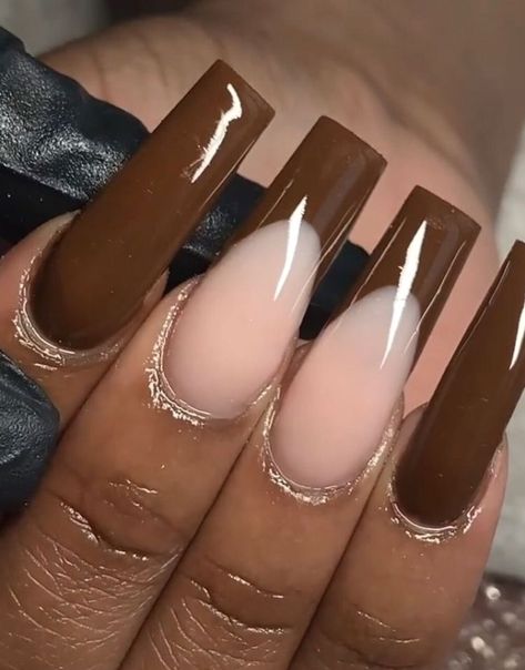 Long Brown Nails Acrylic, Brown Nude Acrylic Nails, Cute Brown Acrylic Nails, Brown And Nude Acrylic Nails, Nails Brown Square, Brown Nails Acrylic Design, Beige And Brown Nails, Brown Nude Nails Design, Brown Nails Coffin