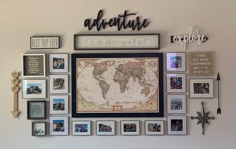 I love how my travel wall turned out. I wanted to create memories from all of my travels with family and friends. My push pin map is at the center with locations we have been. Travel Art Gallery Wall, Travel Picture Wall Ideas Photo Displays, Adventure Gallery Wall, Travel Wall Decor Ideas, Travel Picture Wall, Hallway Wall Ideas, Travel Photo Wall, Adventure Wall Decor, Office Refresh