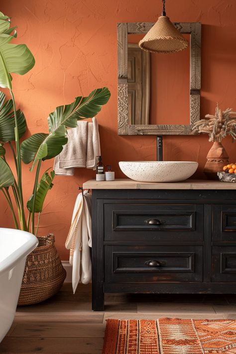 29 Afrohemian Decor Bathroom Ideas for a Culturally Rich Space 17 Clay Color Bathroom, Terracotta And Black Bathroom, Warm Tone Bathroom Ideas, Terracotta And Green Bathroom, Bathroom Earth Tones, Glow Bathroom, Clay Bathroom, Burnt Orange Bathroom, Rust Bathroom