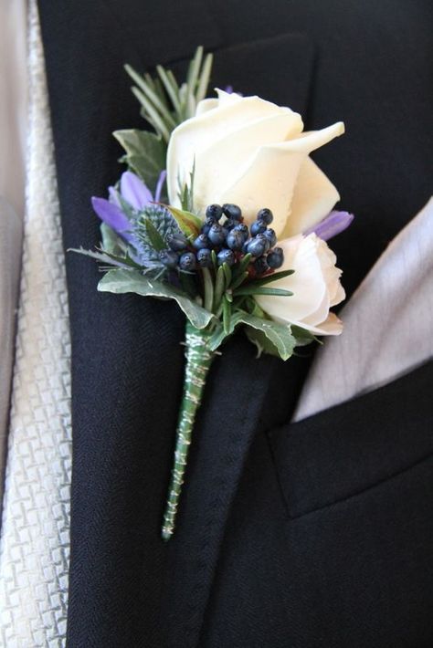 Button Holes Wedding, Blue Berries, Blue Wedding Flowers, Prom Flowers, Boutonniere Wedding, Bride Bouquets, Bridal Flowers, Metal Flowers, Purple Wedding