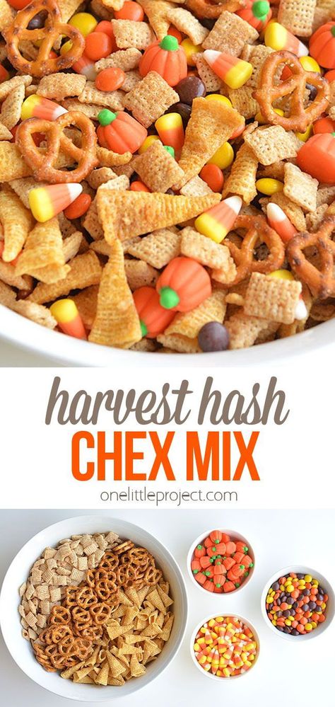 Halloween Harvest Snack, Thanksgiving Recipes Snacks, Harvest Hash Recipe, Fall Tailgate Food Ideas, Harvest Hash Snack, Scarecrow Mix Recipe, Make Your Own Chex Mix Recipe, Chec Mix Recipe Halloween, Salty Mix Snack