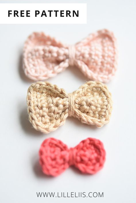 Crochet Bows Free Pattern, Crochet Bow Ties, Crochet Bow Pattern, Crochet Hair Bows, Crochet Applique Patterns Free, Crochet Bow, Crochet Hair Clips, Crochet Bows, Pola Amigurumi