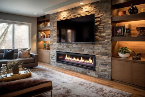 Media Wall Designs & Ideas | Designs To Captivate & Inspire Modern Electric Fireplace, Basement Fireplace, Built In Electric Fireplace, Electric Fireplace Wall, Fireplace Tv Wall, Linear Fireplace, Basement Living Rooms, Fireplace Entertainment, Fireplace Built Ins