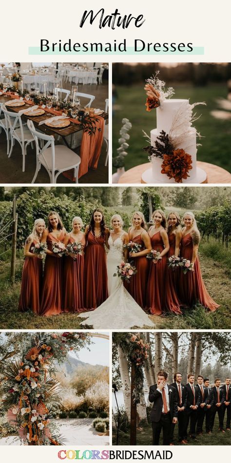 Tericatta Wedding, Fall Wedding Dress For Bride, October Wedding Bridal Party, Fall Wedding Bridesmaid Dresses And Groomsmen, Rustic Color Bridesmaid Dresses, Terracotta Wedding Theme Groomsmen, Sienna Color Bridesmaid Dress, Rustic Wedding Burnt Orange, Groomsman Terracotta