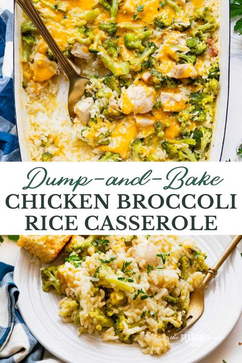 With about 10 minutes of prep, this dump-and-bake chicken broccoli rice casserole is an easy dinner that cooks in one dish! There's no need to pre-cook the rice, pre-cook the chicken, or sauté the veggies, so the comfort food meal is an ideal option to pop in the oven for busy nights. Chicken Broccoli Rice Cheese Casserole, Cheap Casseroles, Baked Chicken Casserole, Chicken Rice Bake, Bougie Girl, Broccoli Recipes Casserole, Chicken Broccoli Rice Casserole, Chicken Broccoli Rice, Chicken Casserole Easy