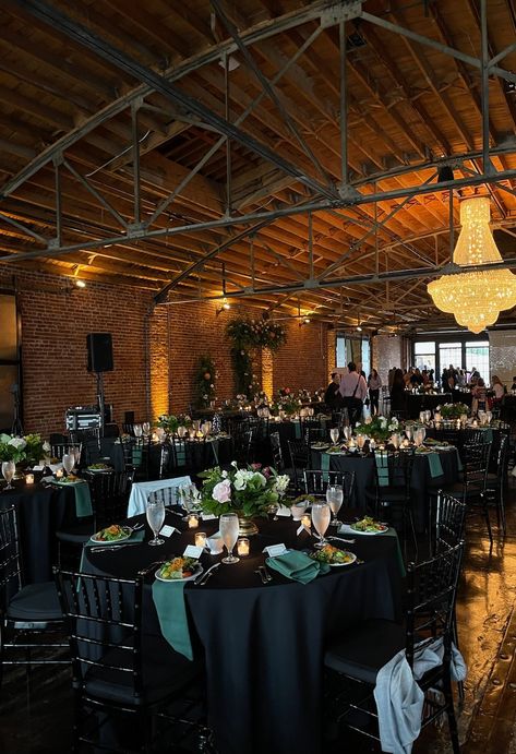 Wedding Colors Black And Green, Black Gold And Forest Green Wedding, Black Forest Green Wedding, Black And Green Theme Party, Emerald Green Black White Silver Wedding, Black And Emerald Wedding Decorations, Emerald Black And Silver Wedding, Black Forest Wedding Theme, Dark Green Reception Decor