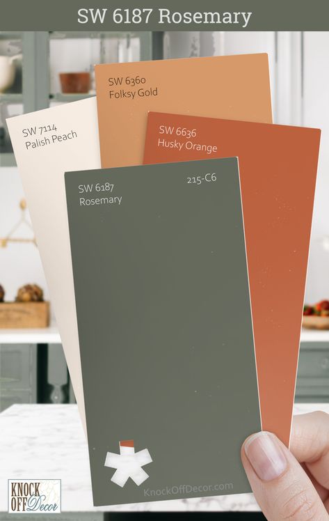 I've reveled in the task of pairing Sherwin-Williams Rosemary with colors that echo its lush vibrancy. It's about creating a symphony of shades that sing in unison like here with SW Husky Orange, Folksy Gold, and Palish Peach. Click to view my other top coordinating color palettes in my full review. Bedroom Paint Colors Orange, Muslin Sherwin Williams, Colorful Home Paint Palette, Earthen Jug Sherwin Williams, Rosemary Sherwin Williams Color Schemes, Orange Paint Colors For Bedroom, Rosemary Color Palette, Sherwin Williams Orange, Best Orange Paint Colors