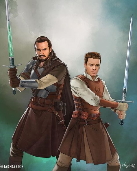 Qui-Gon Jinn and Obi-Wan Kenobi. Knight and Squire. Master and Apprentice. Years before the Clone Wars. Errant Knight Qui-Gon and his… Jake Bartok, Medieval Series, Qui Gon Jinn, Qui Gon, Sabre Laser, Star Wars Artwork, Star Wars Fan Art, Star Wars Images, Star Wars Pictures