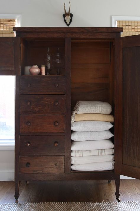 Older homes often have small closets - create additional storage with furniture - like this wardrobe linen closet via @julieblanner Family Room Organization, Older Homes, Smart Tiles, Small Closets, Linen Cabinet, Wardrobe Closet, Linen Closet, Style At Home, Room Organization