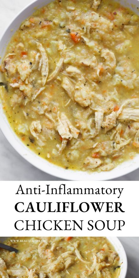 Super easy anti-inflammatory recipe for cauliflower chicken soup! This homemade soup recipe is light, flavorful, healthy and loaded with anti-inflammatory foods. Perfect healthy dinner idea for busy weeknights as it's ready in around 30 minutes, this clean eating recipe is also low carb, gluten free, dairy free and paleo. Roast Mutton, Cauliflower Chicken Soup, Antinflammatory Foods, Clean Eating Recipe, Cauliflower Chicken, Plats Healthy, Homemade Soup Recipe, Keto Soup, Low Carb Gluten Free