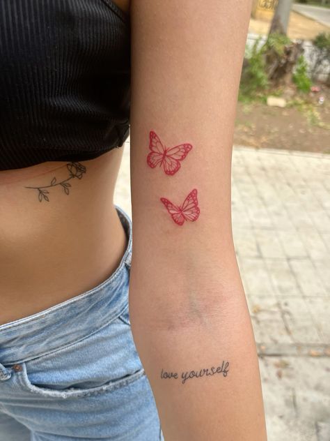 Red Tattoos Butterfly, Wrist Tiny Tattoo, Subtle Arm Tattoo, Vanessa Butterfly Tattoo, Butterfly Stamp Tattoo, Red Ink Tattoos Butterfly, Red Butterfly Tattoo Arm, Happiness Is A Butterfly Tattoo, Minimalist Tattoo Butterfly