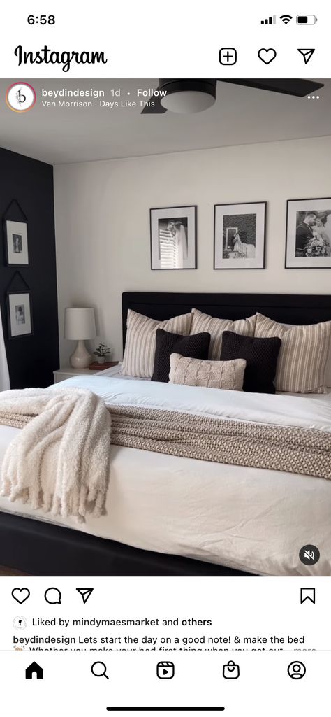 Neutral Room With Black Bed, Master Bedrooms Decor With Black Furniture, Neutral Bedding Black Headboard, Black White And Taupe Bedroom, Black And Oatmeal Bedroom, Black And Cream Master Bed, Black White Beige Aesthetic Home, How To Style A Black Bed, Dark Beige Bedroom Ideas