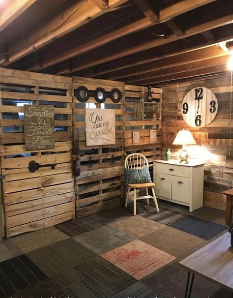 Basement Pallet Divider Wall Sheet Walls Basement, Pallet Wall Basement, Pallet Basement Walls, Pallets Room Divider, Unfinished Room Ideas, Unfinished Bedroom Ideas, Basement Pallet Wall Ideas, Wood Pallet Room Divider, Cheap Basement Wall Ideas Concrete