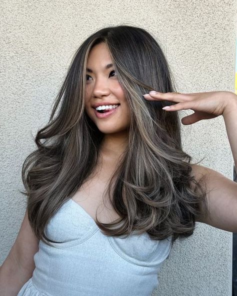 Diana Vivilecchia on Instagram: "Cool  brown - no yellow no orange Asian brunette. She’s looking like a queen. Feeling good in her hair transformation. Brought her from black to that. Using the dvcolour techniques, lots of layers and big blowout. Reserve a dvcolour hair colorist, they can recreate all the looks you see on @vividsalondv page . We got the technique pattern and formulas for our team only.  (905)990-8777 Info@ vividness.ca" Orange Balayage On Black Hair, Brunette Hair On Asians, Pretty Hair Colors For Brunettes, Asian With Brown Highlights, Ash Brown Hair On Black Hair, Medium Length Hair Color Ideas Brunettes, Hair Color Inspo Asian, Cool Brown Hair Blue Eyes, Color Inspo Hair