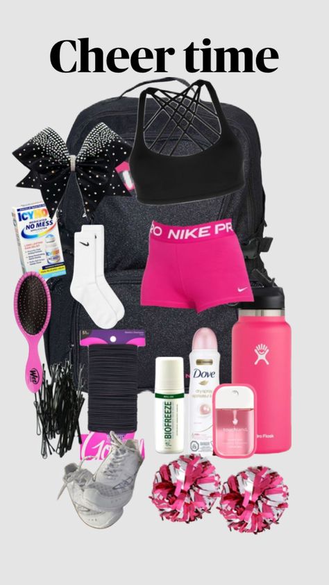 Cheer Organization Ideas, Whats In My Cheer Bag, What’s In My Cheer Bag, Cheer Bags Ideas, Cheer Must Haves, Cheer Tryouts Outfit, Cheer Wishlist, Gymnastics Outfits For Practice, Cheerleading Outfits For Practice